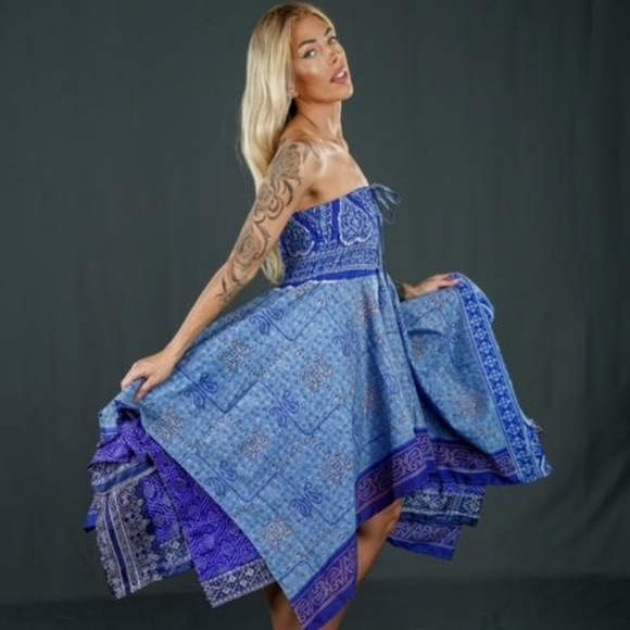 Brand New Sustainably Designed Blue Boho Silk Dress/Skirt - Picture 4 of 8